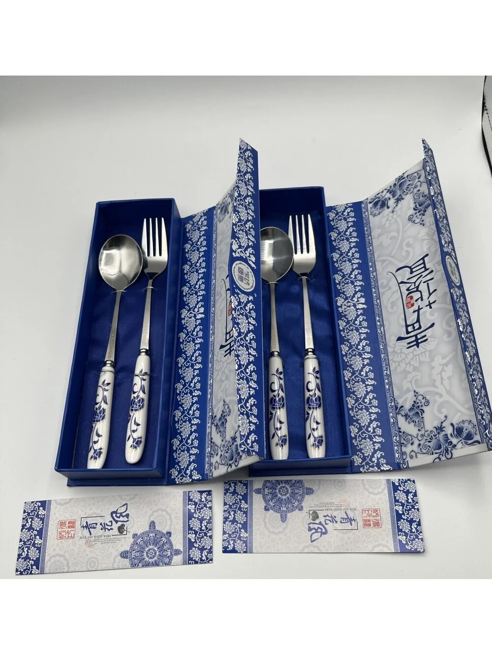2 Blue White Asian Style Spoon Fork Sets Porcelain Handles Stainless Gift Boxed